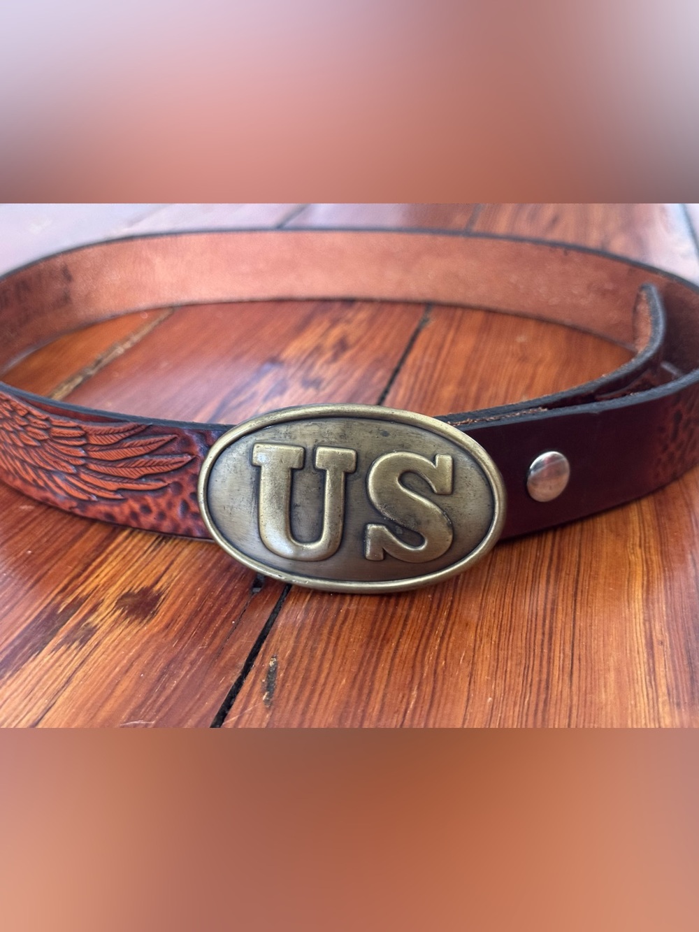 Vintage US Oval Belt Buckle Gavere Brown Leather 42” Belt